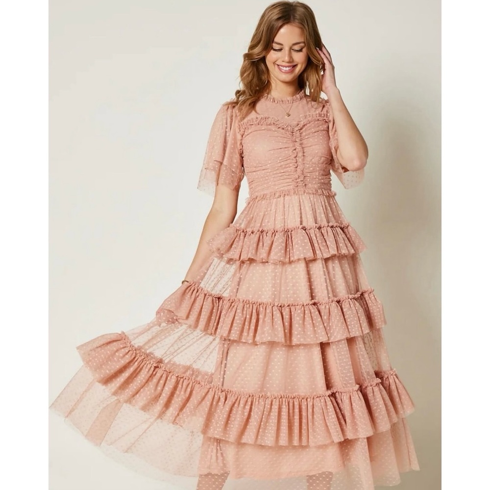 Deauville Tiered Tulle Swiss Dot Ruffle Midi Dress Wedding Party Boho Pink Sz XL